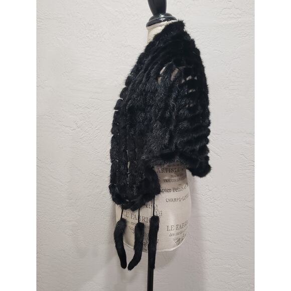 Preston & York Black Premiere Fur Minx Dress Overthrow Cape Wrap Fox Tail Edging - Picture 2 of 13